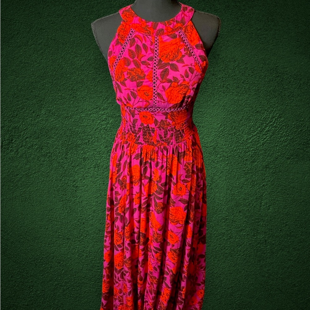 Anthropologie Red and Pink Floral Maxi Dress